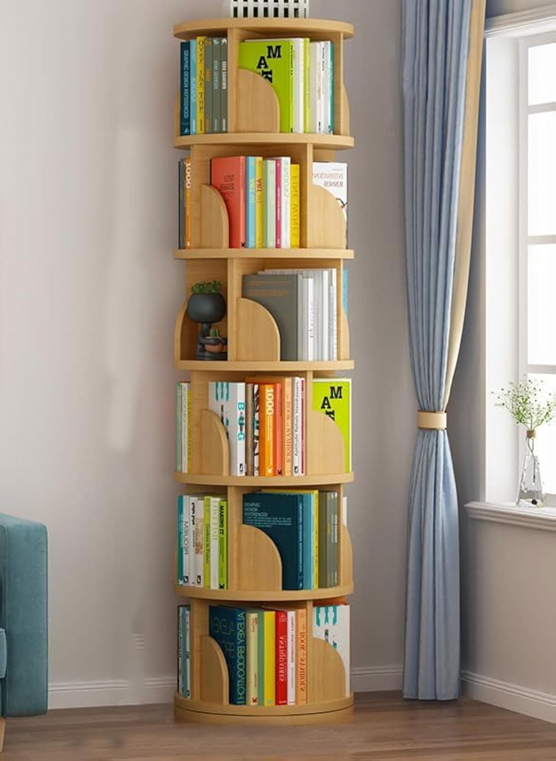 LIMOS 6 Tier Rotating Bookshelf, 360 Display Spinning Bookshelf,Book Shelf Storage Display Rack Floor Standing Shelves with Baffle for Bedroom and Living Room (6-Tiers wooden)