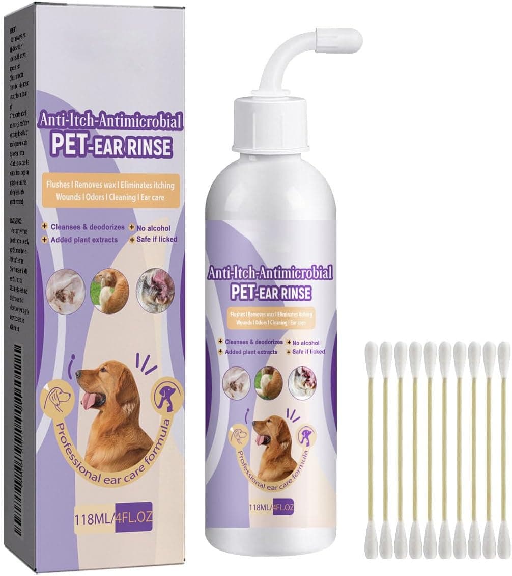 Pet Ear Cleaning Liquid for Cats and Dogs, Gentle Ear Drops for Odor Relief, Earwax Removal, Soothing Care, Includes 10pcs Cotton Swabs, Safe Daily Ear Cleaner, 118ml