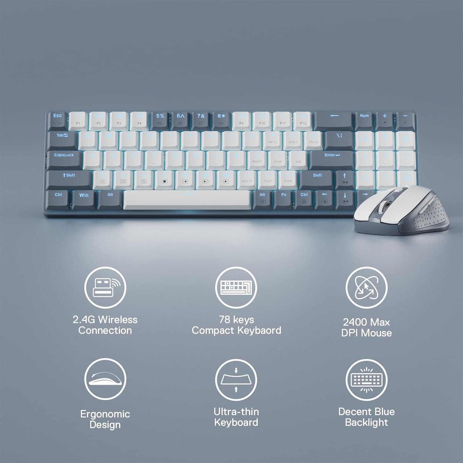 Redragon BS8772 RP Wireless Keyboard and Mouse Combo, 75% 78 Keys 2.4Ghz Wireless Low-Profile Mechanical Keyboard w/Rechargeable Battery, Single Blue Blacklight, 2400 DPI Ergonomic Mouse