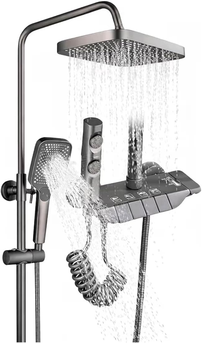Milano Professional Piano Key Thermostatic Shower System – 4-in-1 Gunmetal Grey Rainfall Shower Set with Handheld Spray, Bidet Shataff & Tub Spout – Anti-Scald 38°C Safety Lock, High Pressure Wall Mou