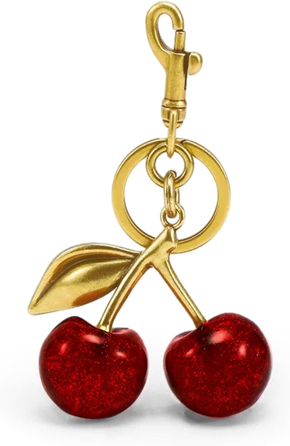 FASTFAIRY Glitter Cherry Bag Charm with Key Ring and Clip – Sparkling Resin & Metal Accessory for Purses and Bags