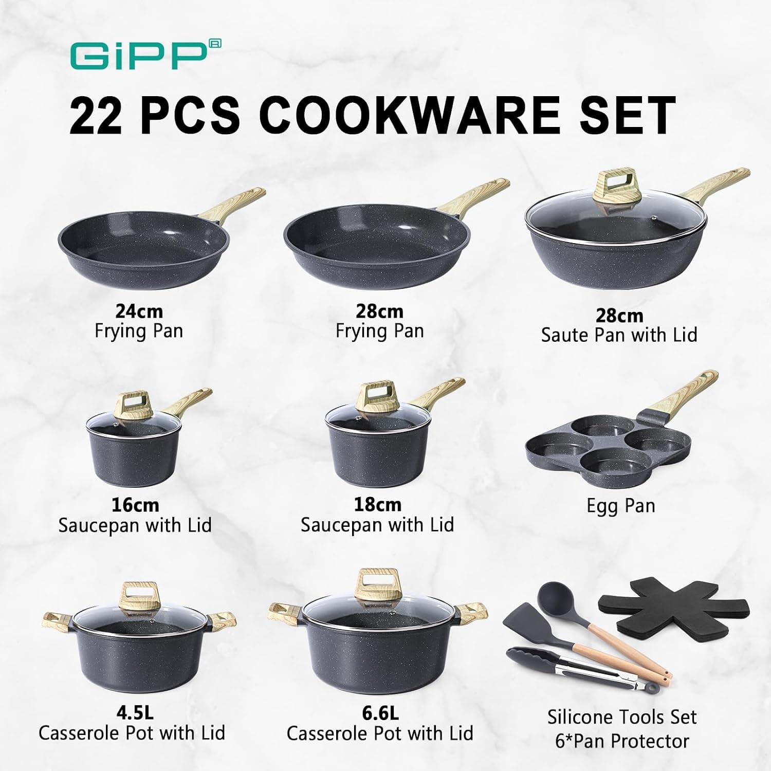 GiPP Ceramic Coating Pots and Pans Set Non Stick - 22Pcs Nonstick Cookware Set, Non-toxic Healthy Kitchen Cooking Set w/Frying Pans Set, Dishwasher Safe, PFAS PTFE PFOA PFOS Free (Grey)