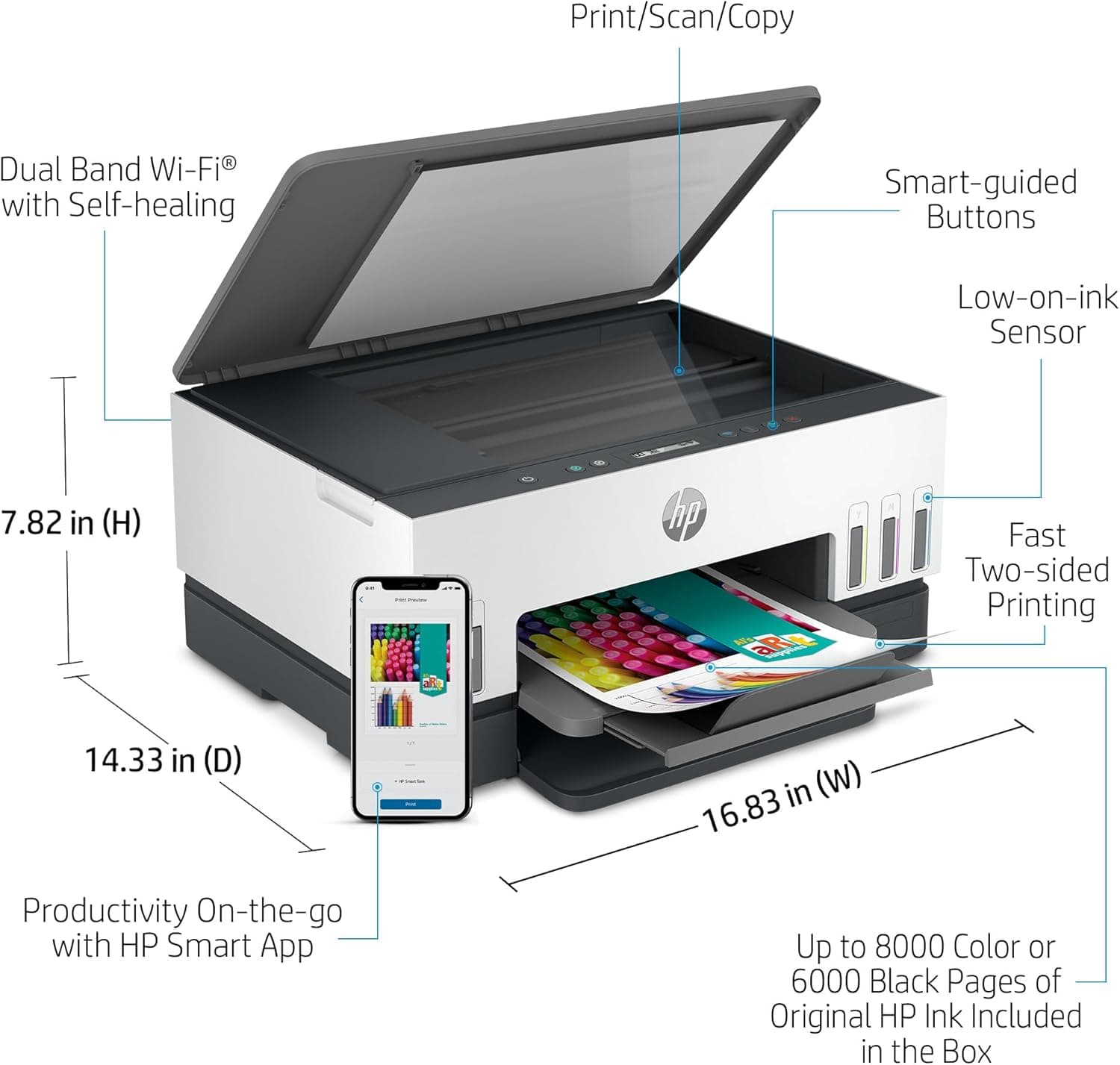HP | Smart Tank | Wireless | Print, Copy, Scan | Automatic Duplex | Print Speed: 12ppm(black) / 7ppm(color) | Up to 18000 black or 8000 color pages included | ST670 | UAE Version