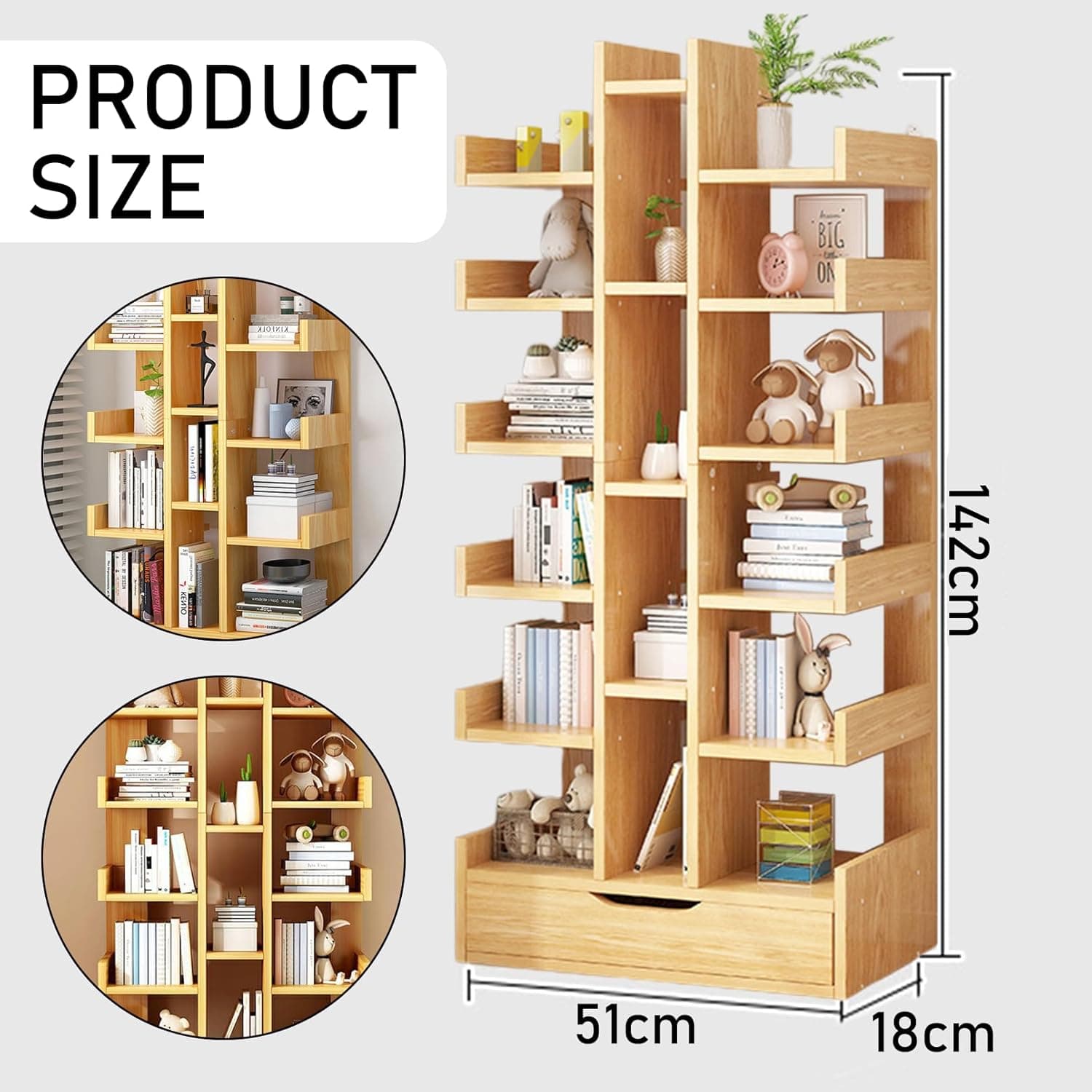 Multi-layer bookshelf,15-Tier Floor Standing Bookshelf,Tall Freestanding Display Storage Cabinet Organizer with Drawer, bookshelf storage rack against wall,Living room bookshelf (Wood)