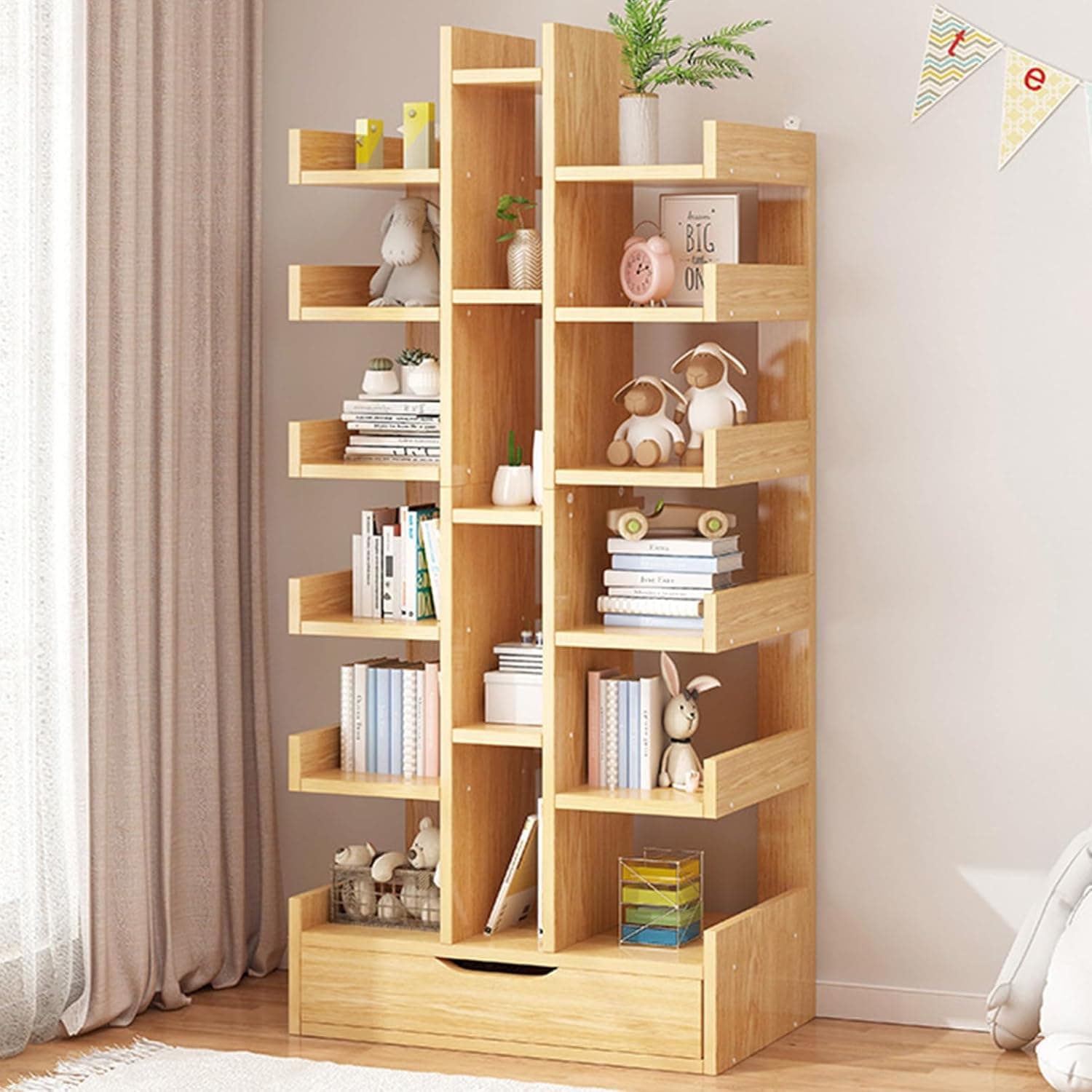 Multi-layer bookshelf,15-Tier Floor Standing Bookshelf,Tall Freestanding Display Storage Cabinet Organizer with Drawer, bookshelf storage rack against wall,Living room bookshelf (Wood)