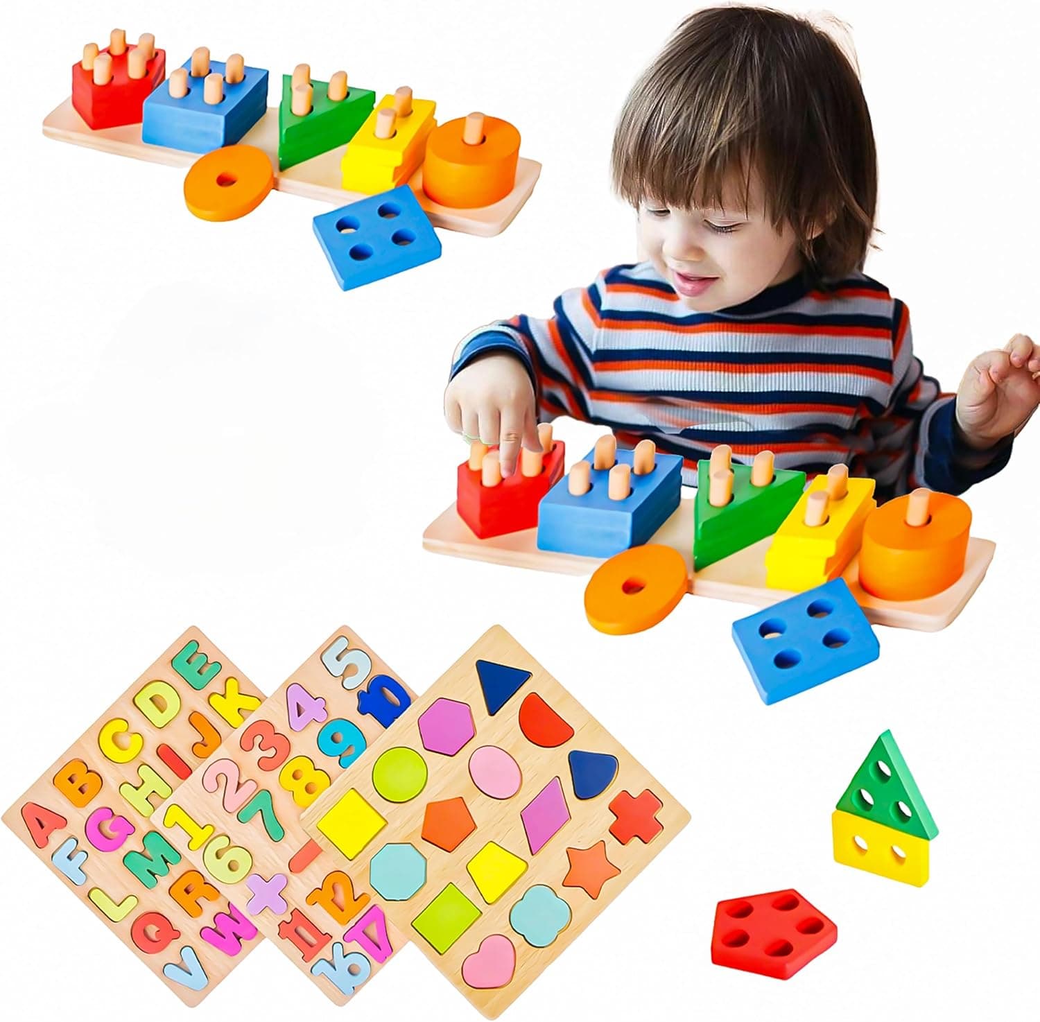 4 in 1 Montessori Toys, Puzzle for kids 3-5 Years, Preschool Educational Toys for Toddler, Wooden Montessori Toys, Alphabet Number Shapes, Wooden Stacking & Sorter Learning Puzzles for Girls Boys Gift