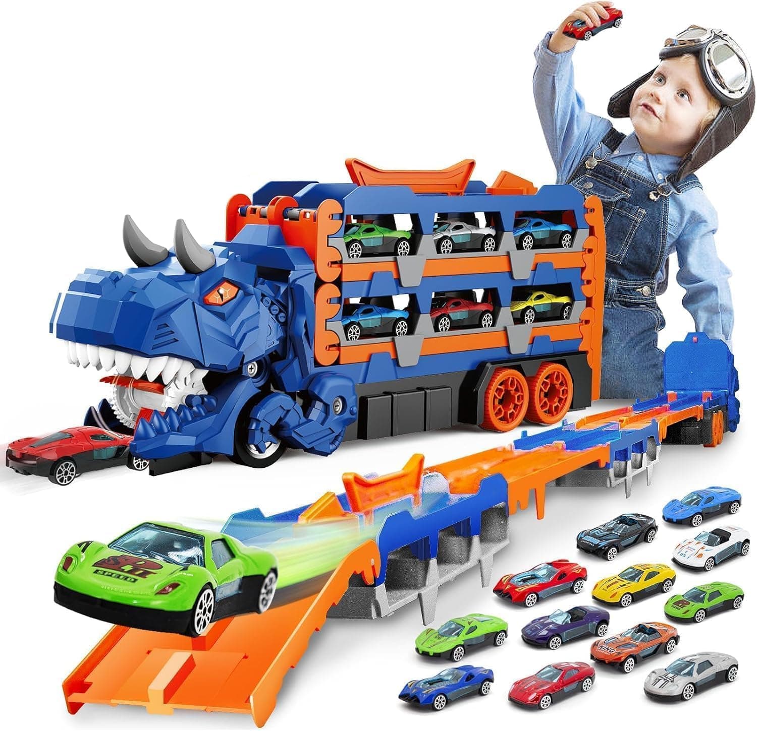 Giant Dinosaur Transport Carrier Trucks for Toddlers 1-6,3 in 1 Transforms into Stomping T-Rex with Race Track,Toddler Car Toys for 1 2 3 4 5 6 +Year Old Boy Birthday Gifts,Dinosaur Toys for Kids 2-6