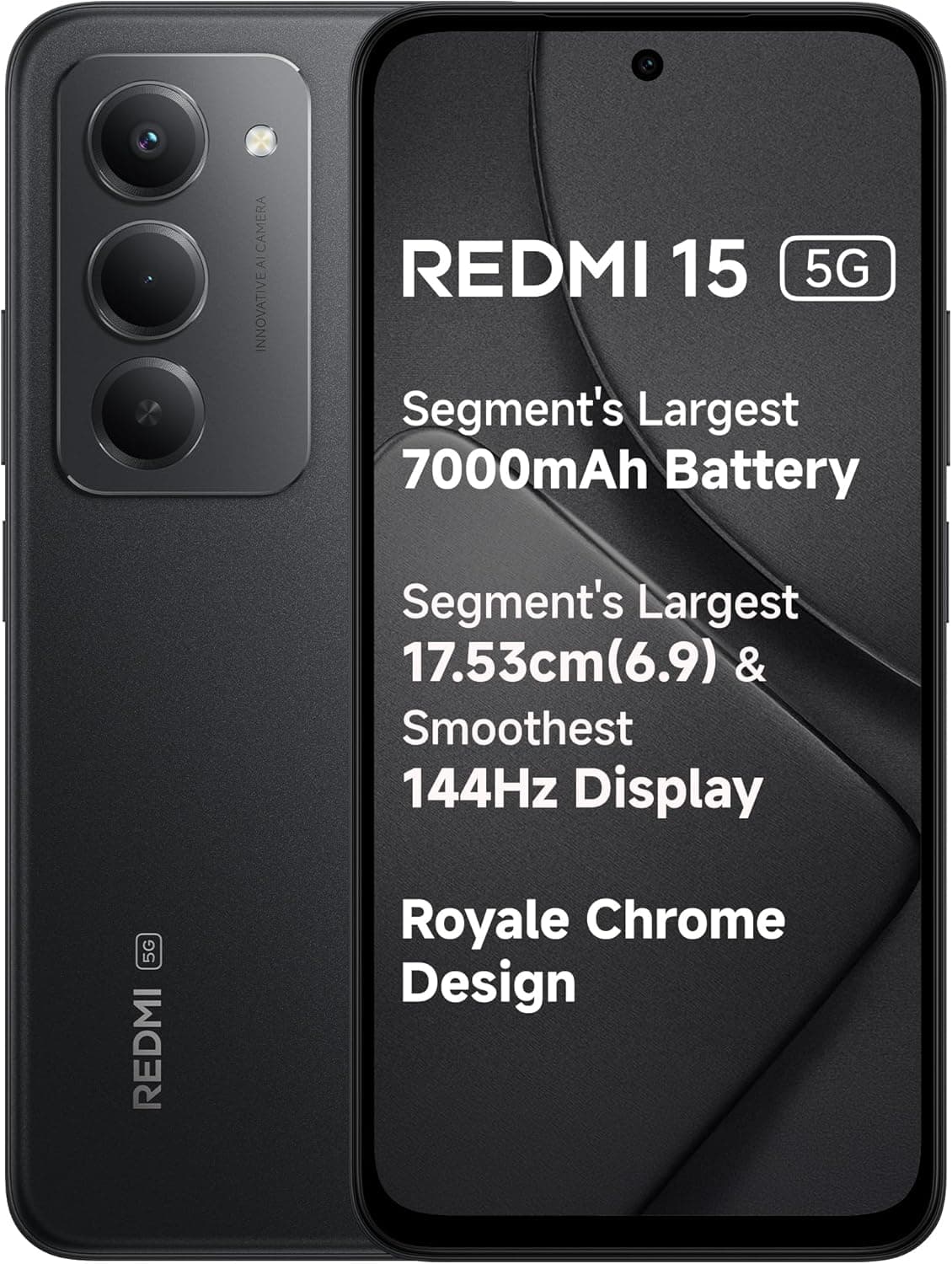 Redmi 15 5G Midnight Black 8GB + 256GB | Segment's Largest 7000mAhA Battery | Largest Display 17.53cm(6.9) 144Hz | Snapdragon 6s Gen 3 | 18W Reverse Charging | 50MP AI Dual Camera | Indian Version