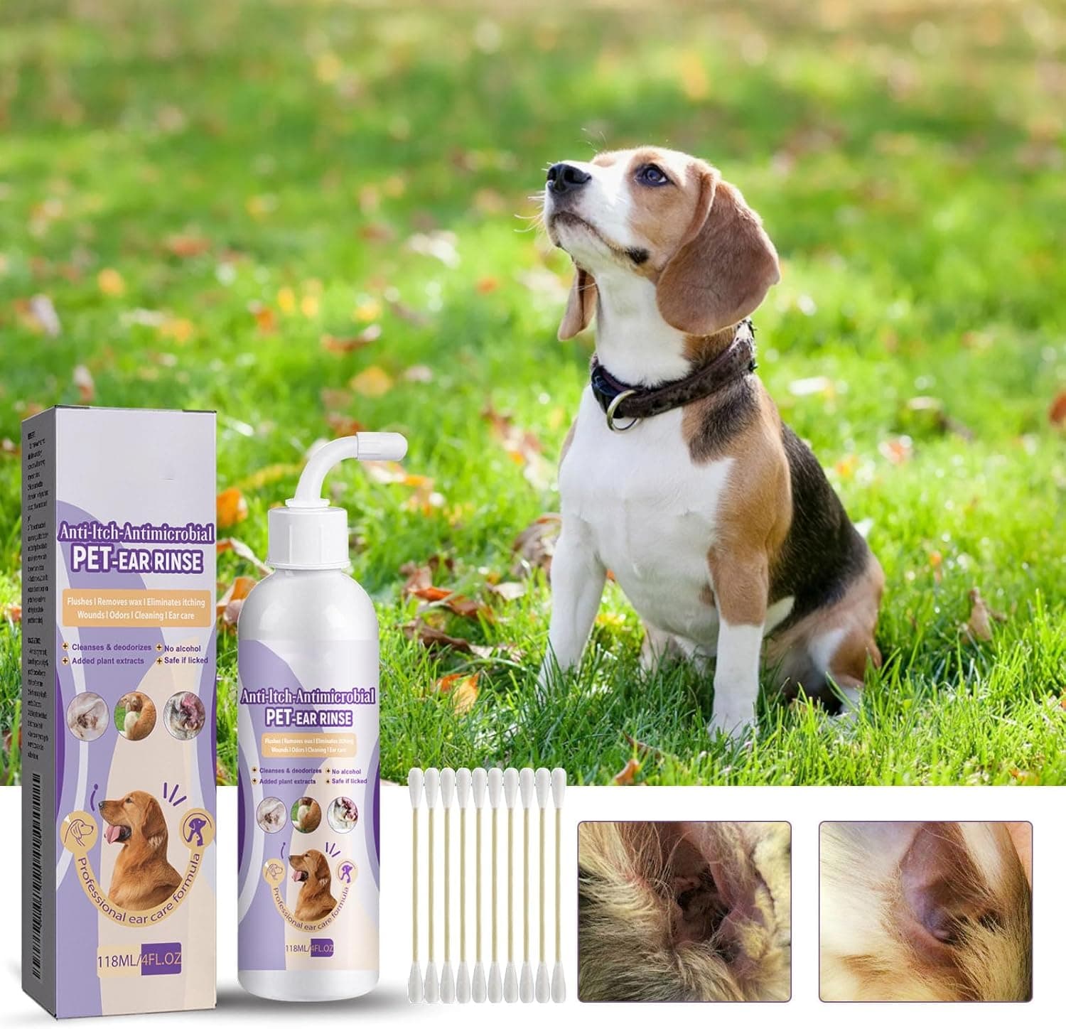 Pet Ear Cleaning Liquid for Cats and Dogs, Gentle Ear Drops for Odor Relief, Earwax Removal, Soothing Care, Includes 10pcs Cotton Swabs, Safe Daily Ear Cleaner, 118ml