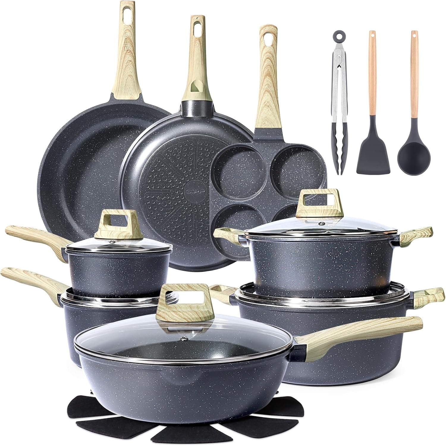 GiPP Ceramic Coating Pots and Pans Set Non Stick - 22Pcs Nonstick Cookware Set, Non-toxic Healthy Kitchen Cooking Set w/Frying Pans Set, Dishwasher Safe, PFAS PTFE PFOA PFOS Free (Grey)