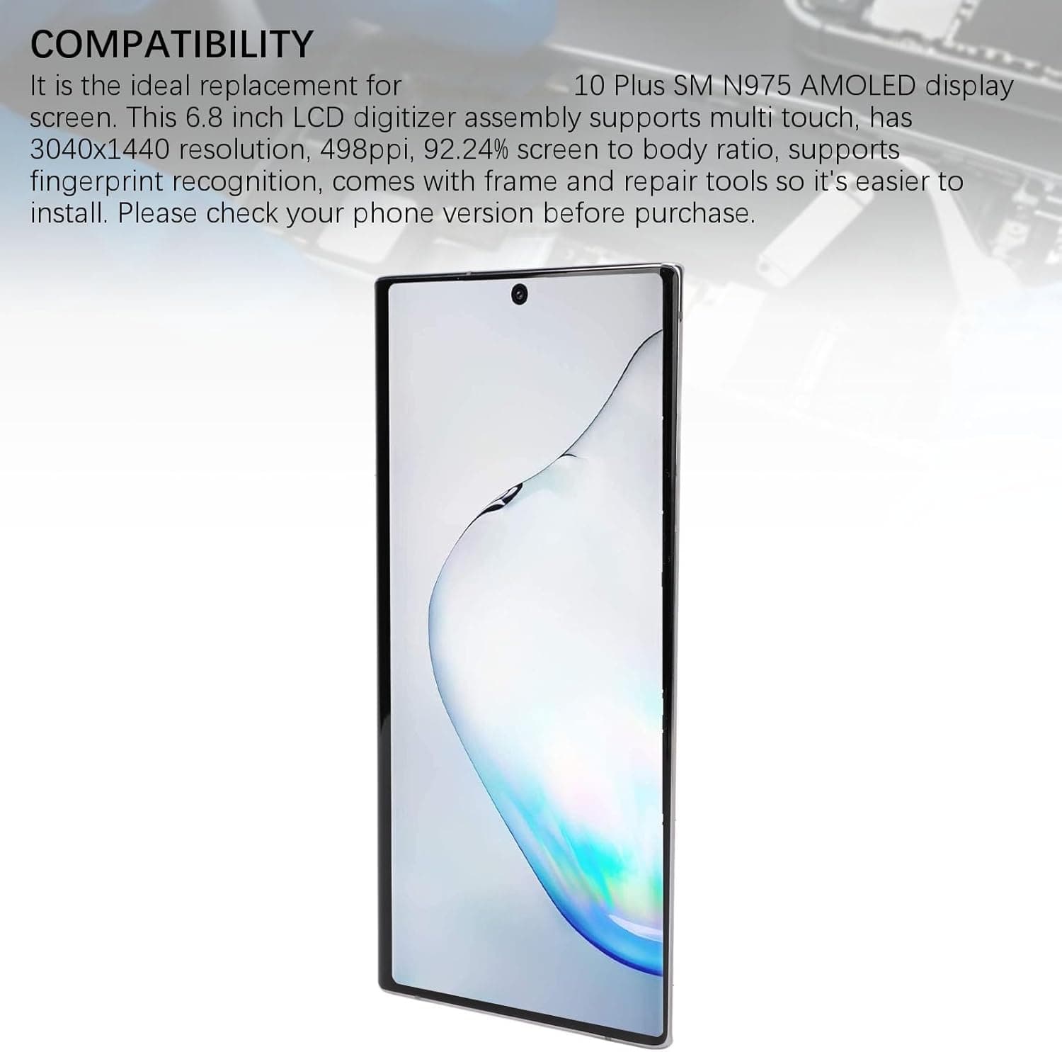 Jectse Screen Replacement for Note 10 Plus, LCD Display Digitizer Assembly with Fingerprint Function for Note 10 Plus SM N975 with Frame and Repair Tool Kit (Grey)