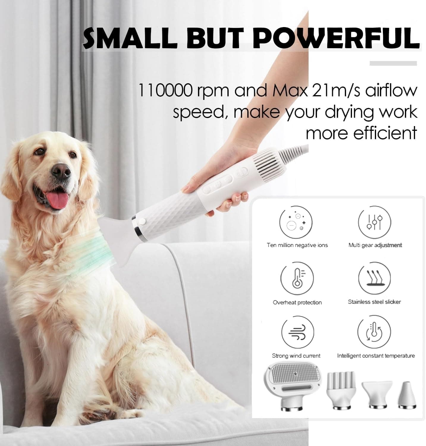 Dog Hair Dryer, 5 in 1 Handheld Dog Blow Dryers for Grooming, Portable Dog Dryers with Smart Temperature Adjustment and Brush, for Home and Travel